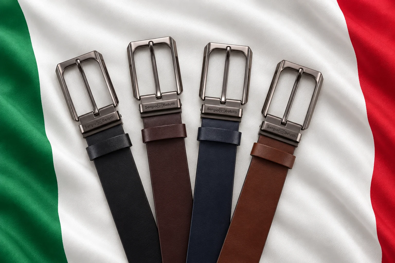 Sergio Belotti SB-0510 Italian leather belts in four colours on an Italian tricolour backdrop
