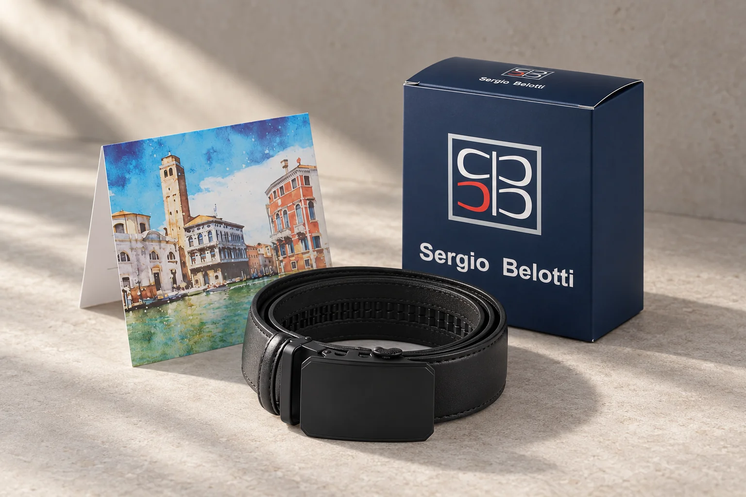 Sergio Belotti belt with its navy gift box and Venice postcard