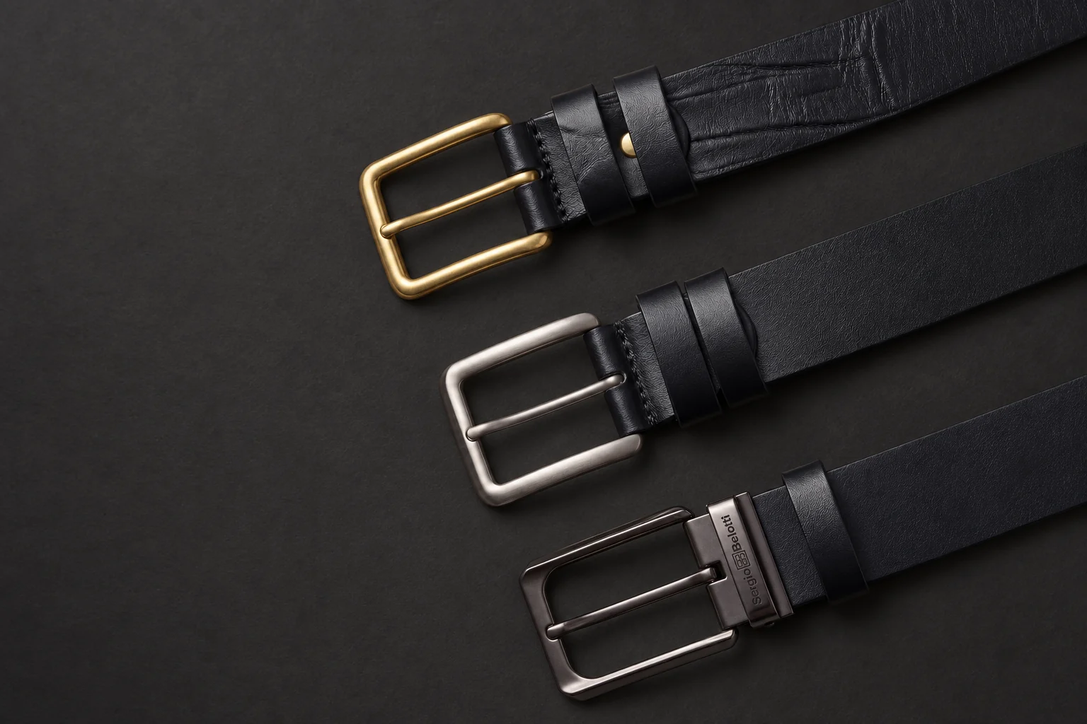 Three black Sergio Belotti belts with classic buckles in gold, silver and dark tones